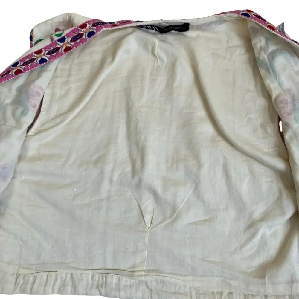 Zara Sz M Floral Embroidered Open Front Vest Cream Multicolor Folk Style - Picture 16 of 16